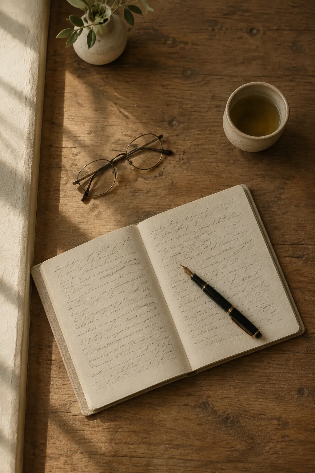 A physician’s desk seen from above: an open notebook, a fountain pen, folded spectacles.