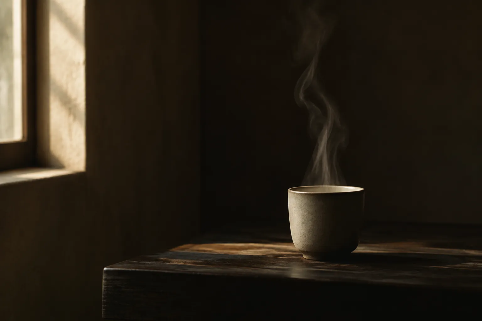 Steam rising from a cup through a single beam of light in a dark room.